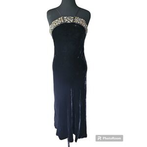 Badgley Mischka‎ Womens Velvet Beaded Sleeveless Gown Dress Black Size 8 JT01